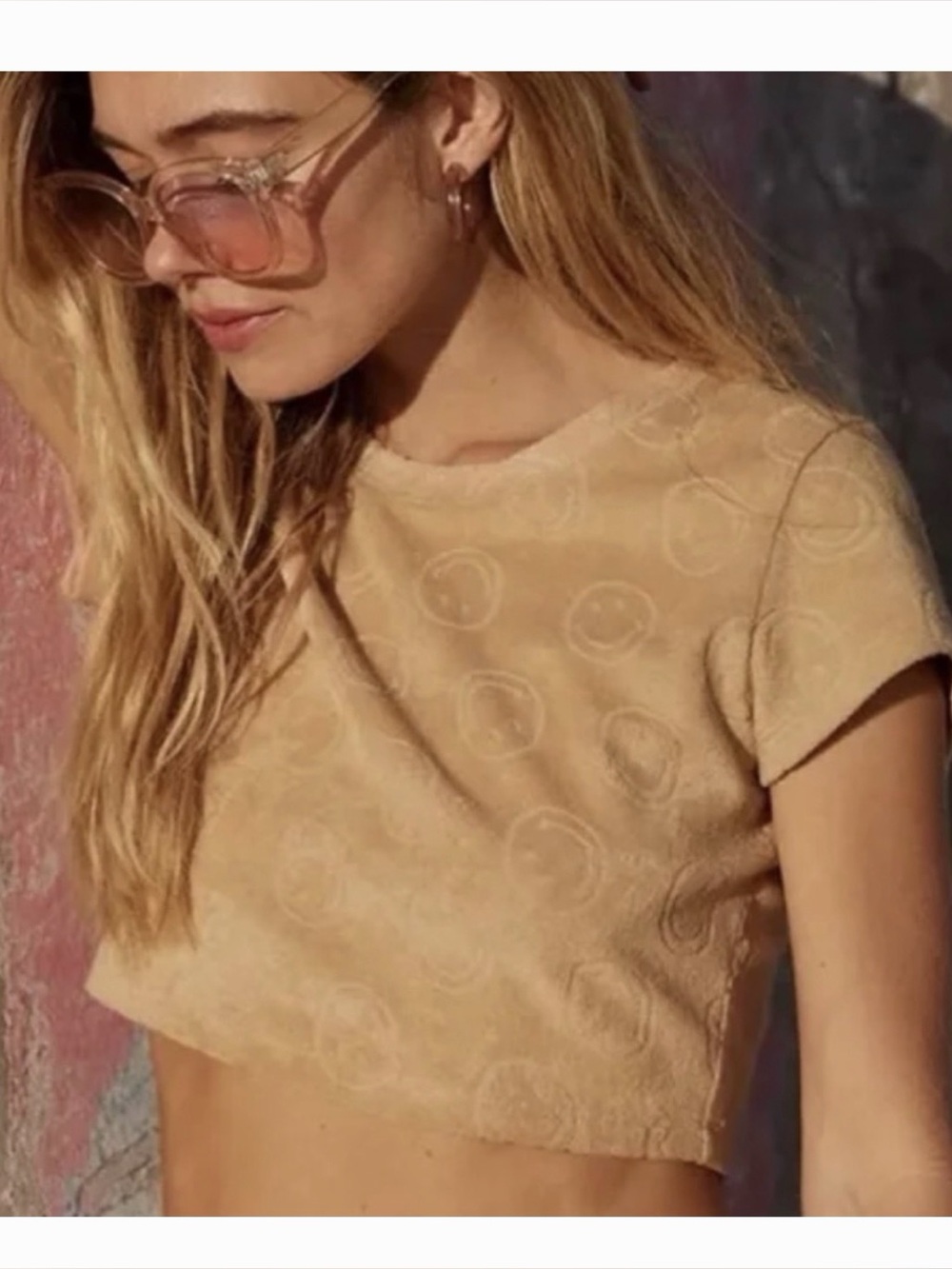 aerie Tan Smiley Embossed Short Sleeve Crop Tee